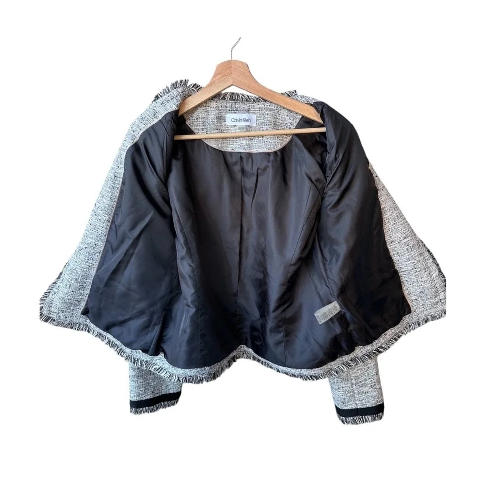 Calvin Klein Blazer Jacket Coat Black White Tweed Fringe Open Front Size 12 - Picture 4 of 9